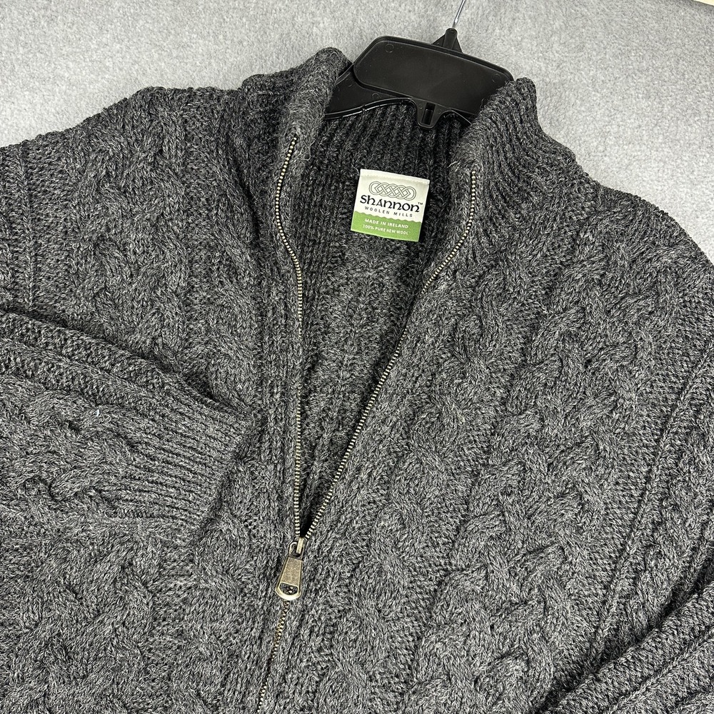Shannon Sweater Mens XL Gray 100% Wool Full Zip Mock Neck Cable Knit Ireland